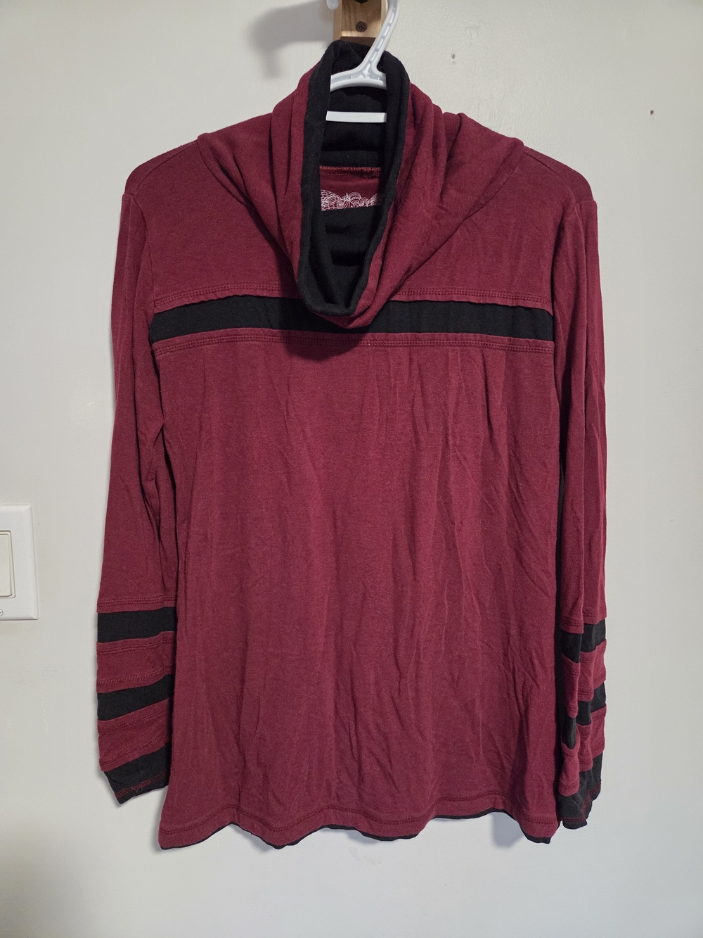 Burgundy Cowl Neck Sweater with Black Stripe Detail
